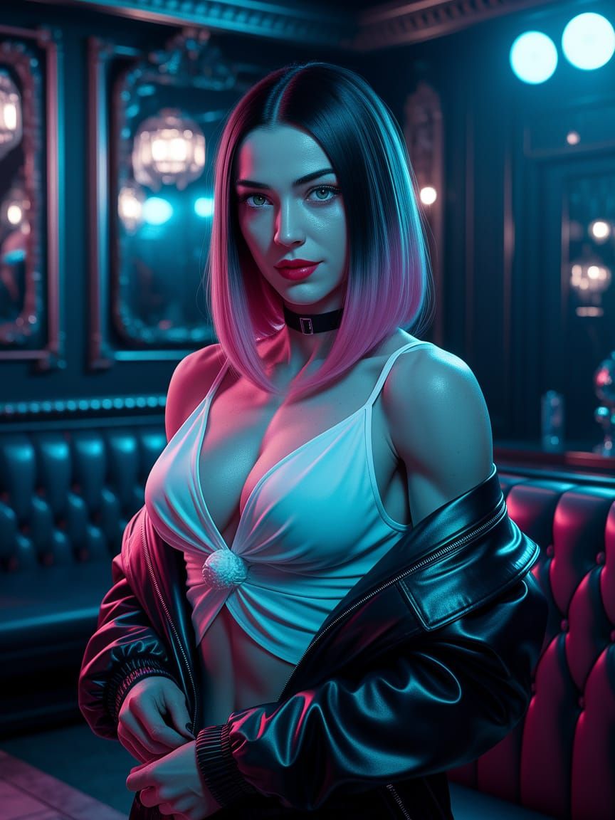 Hyperrealistic Portrait of a Modern Woman in a Gothic Club