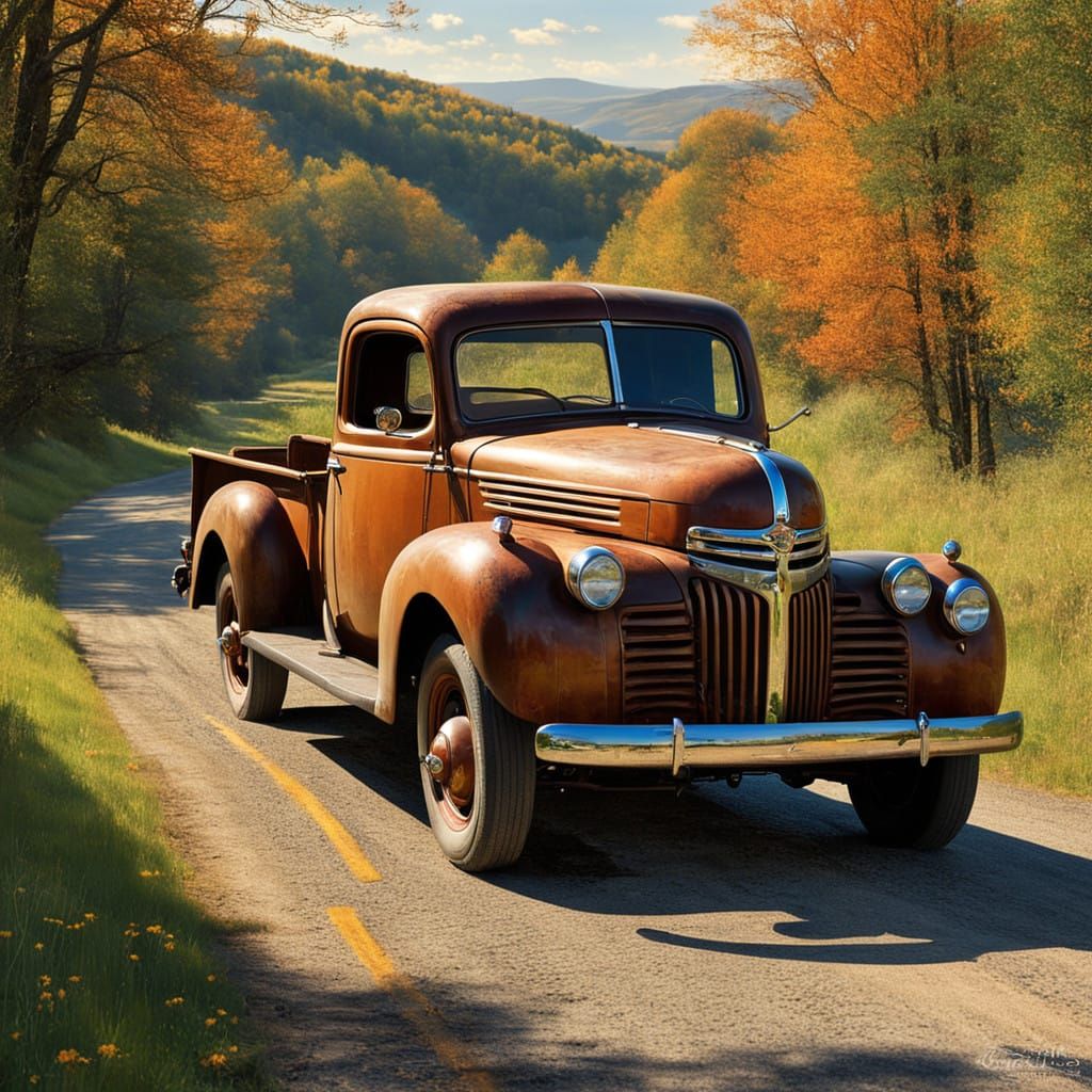 Vintage Pickup Truck on a Rolling Countryside Road