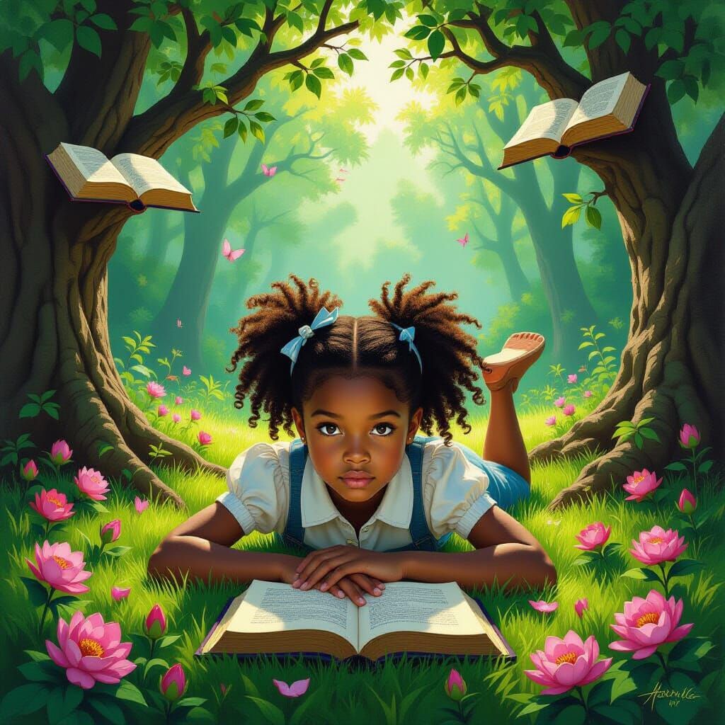 Girl Reading in Magical Forest, Oil Painting Style