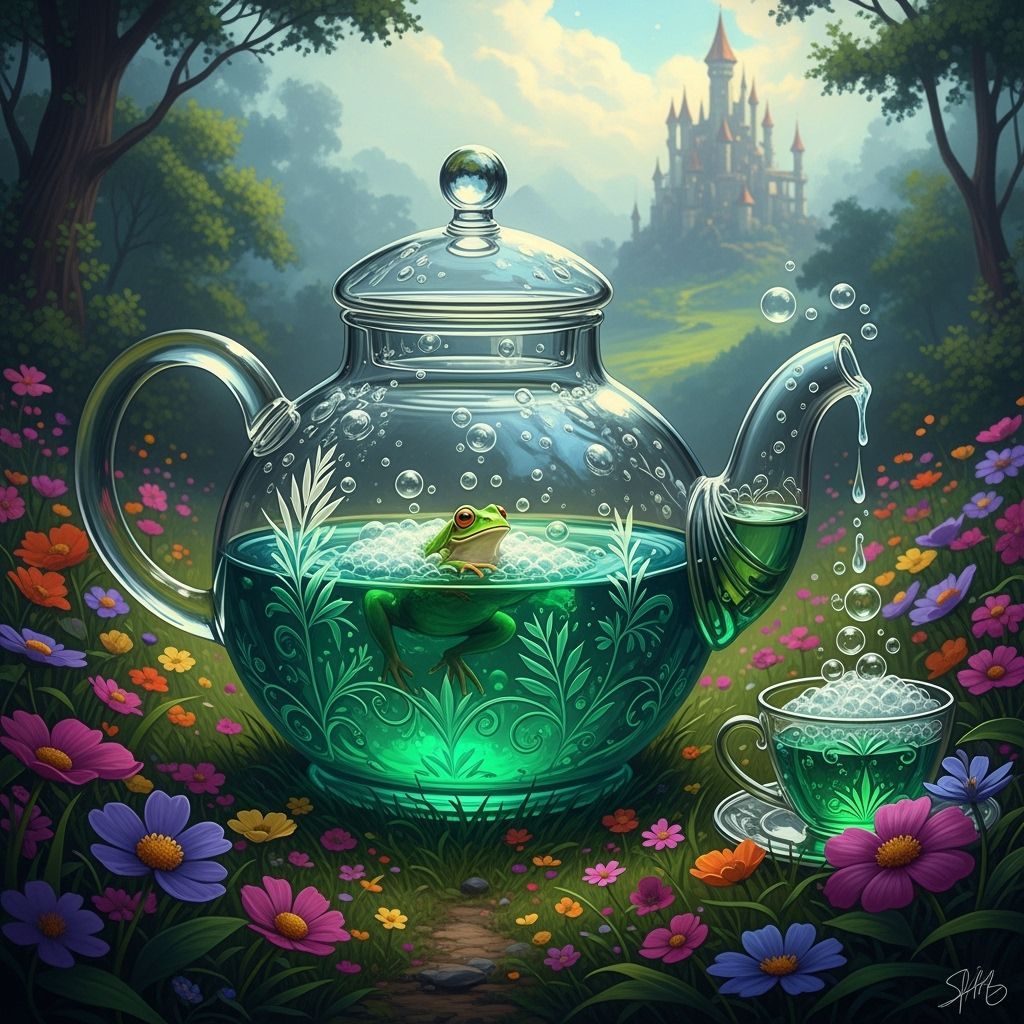 Glass Teapot with Frog in Green Meadow