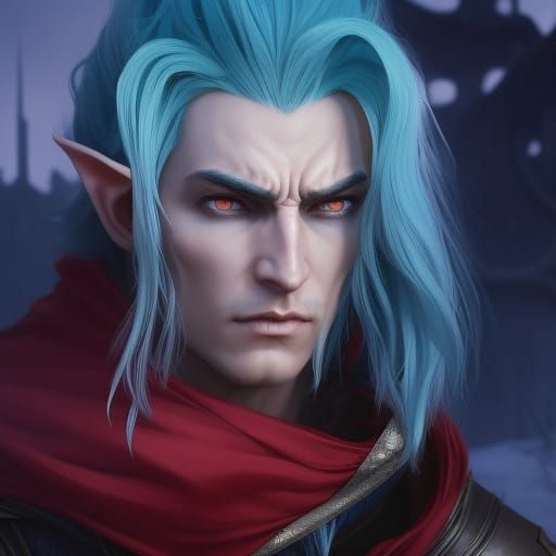 Blue-Haired Elf with Red Cloak, Detailed Portrait