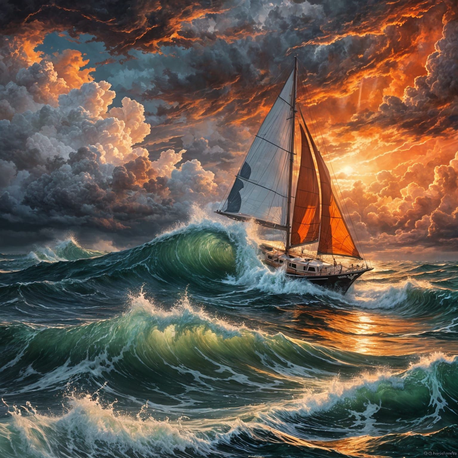A close up, vibrant, oil painting scene of a lone sailboat b...