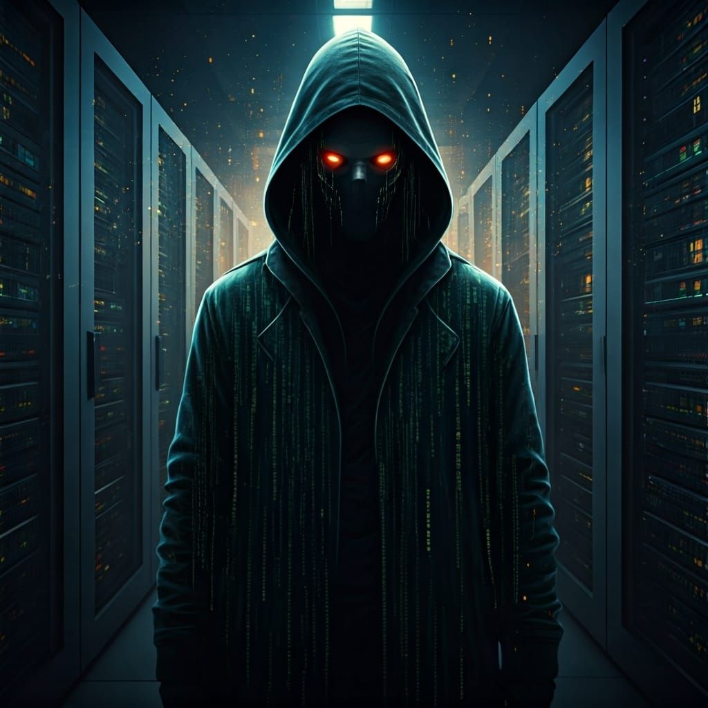 Mysterious Hacker in Digital Network with Eerie Shadows