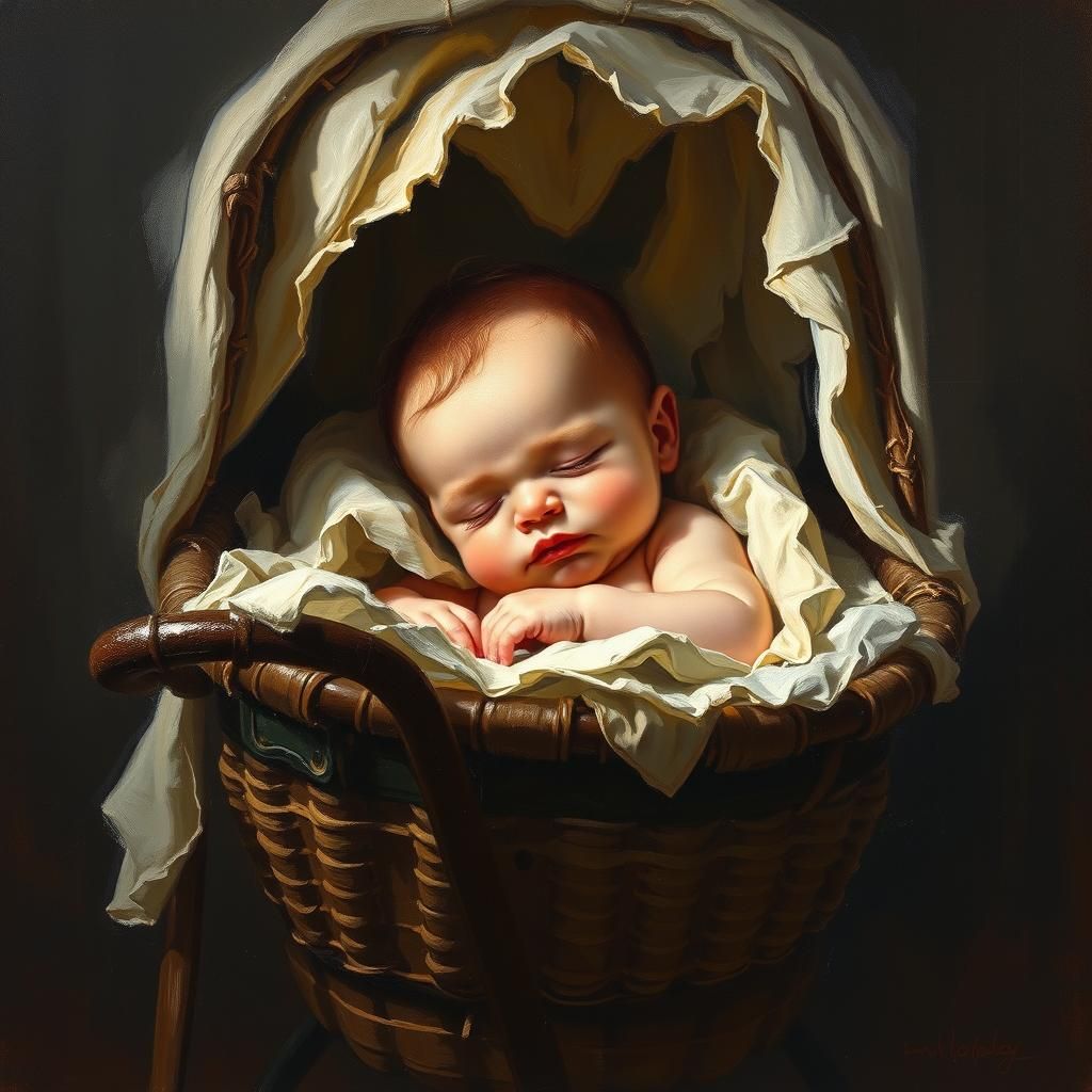 Sleeping Baby in Pram: Oil Painting with Impasto Brushwork