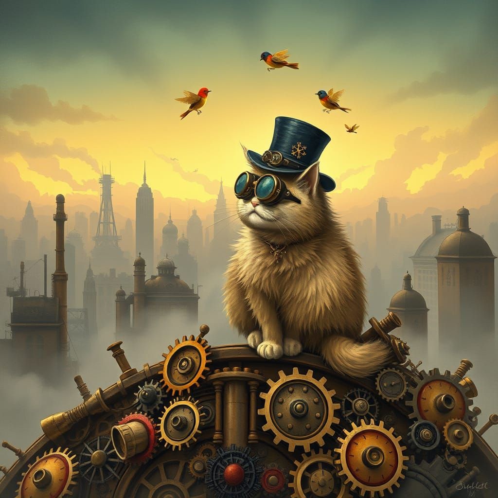 Fluffy Cat in Steampunk Hat Over Industrial Cityscape