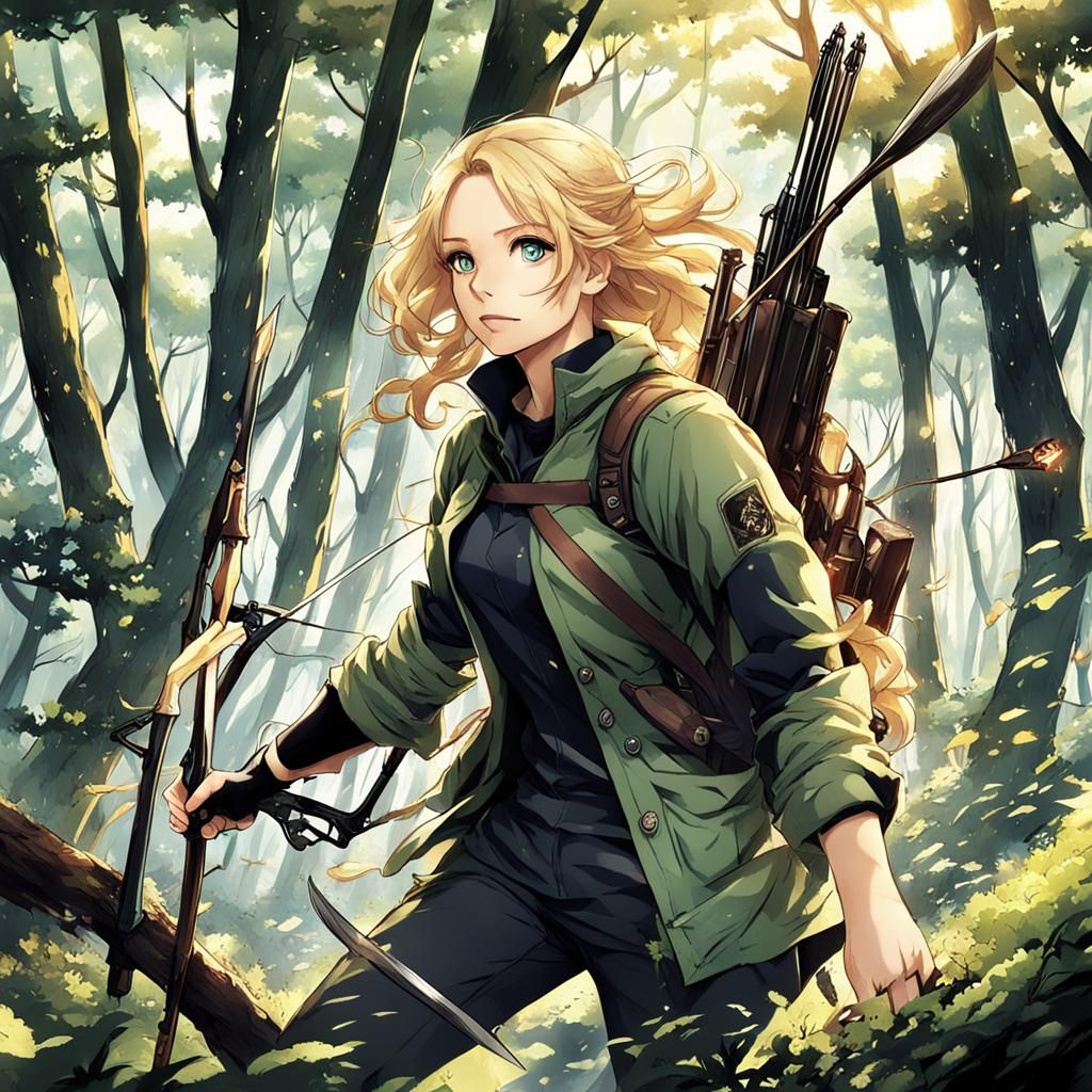 Blonde Girl Hunting in Forest: Anime Style