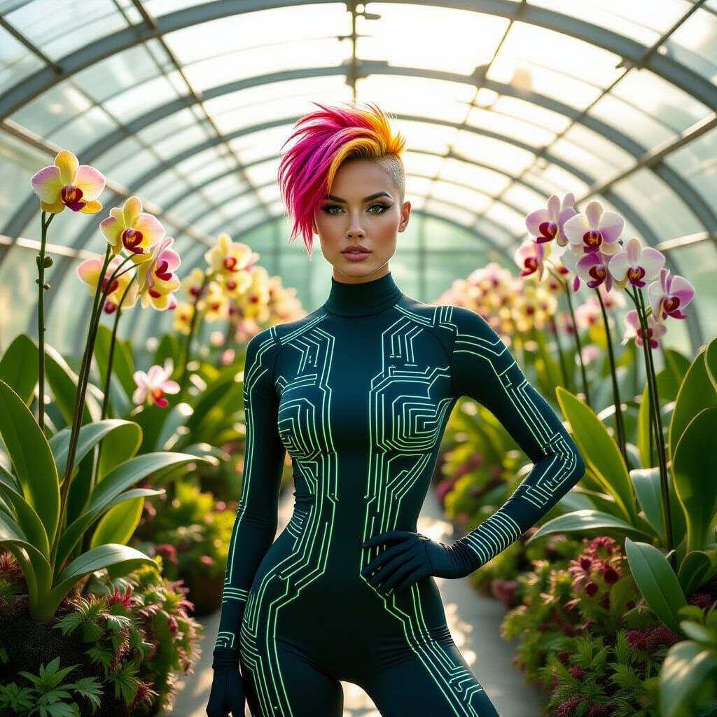 Neon Woman in Futuristic Greenhouse: High-Fashion Cinematic ...