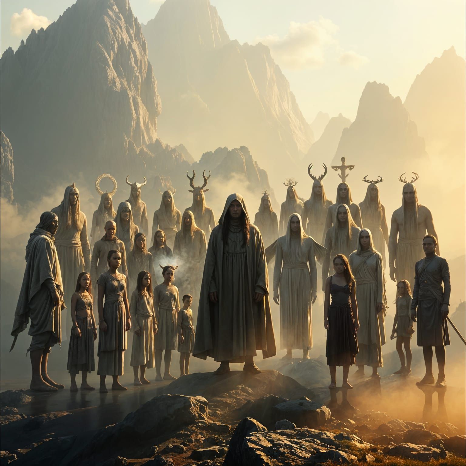 Ancestral Guardians in Dreamlike Mountain Landscape