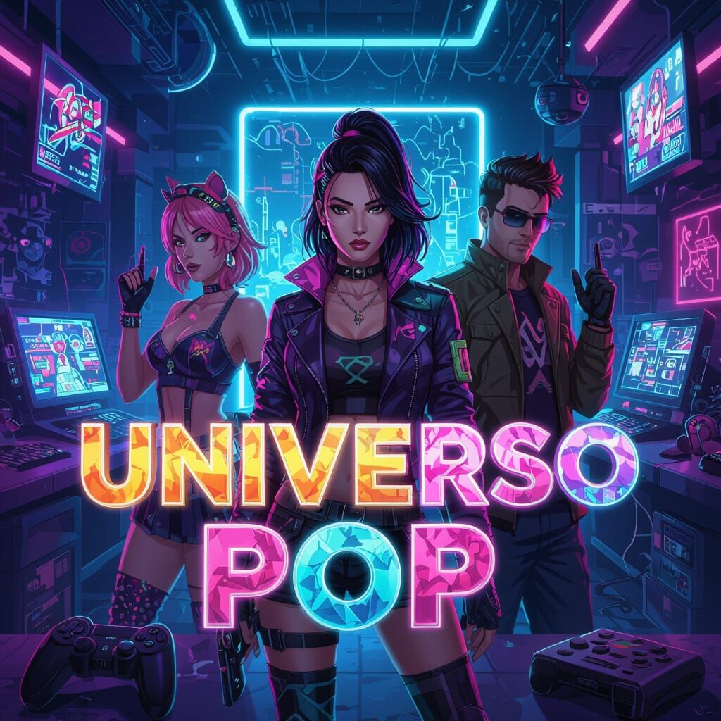 Futuristic Neon Cityscape with Geek Culture Elements