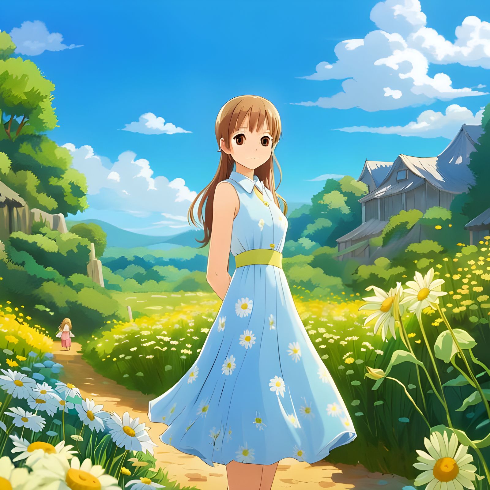 Girl with Daisy: Anime-Inspired Digital Art