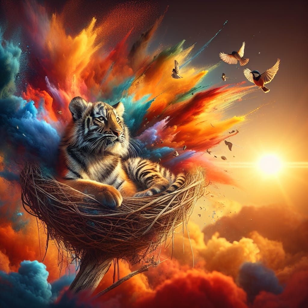 Miniature Tiger in Nest at Sunrise: Hyperrealistic Splash Ar...