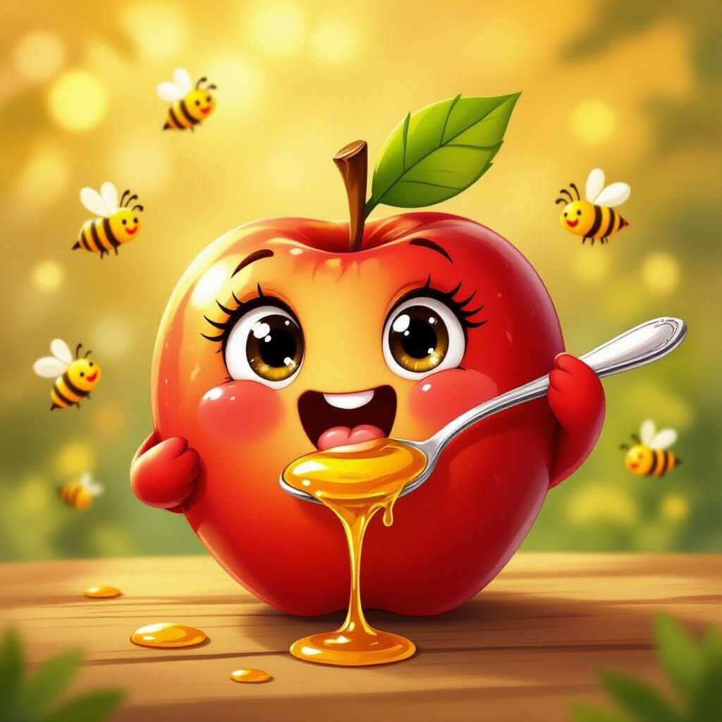 Cheerful Apple Licking Honey in Golden Hour Light