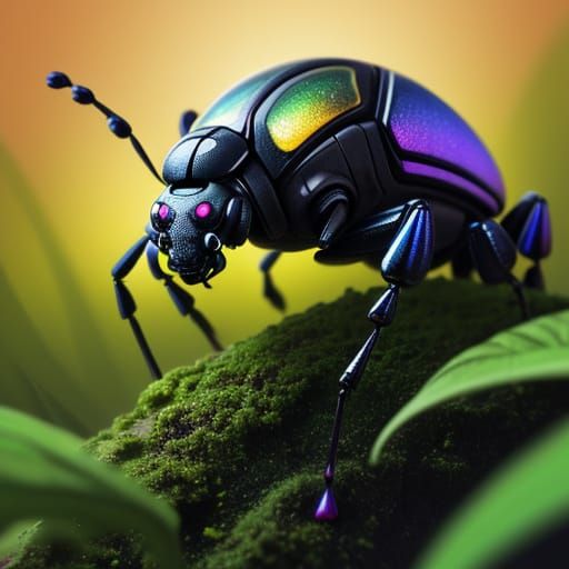 Robot Beetle Navigating Alien Jungle: Hyperrealistic Art