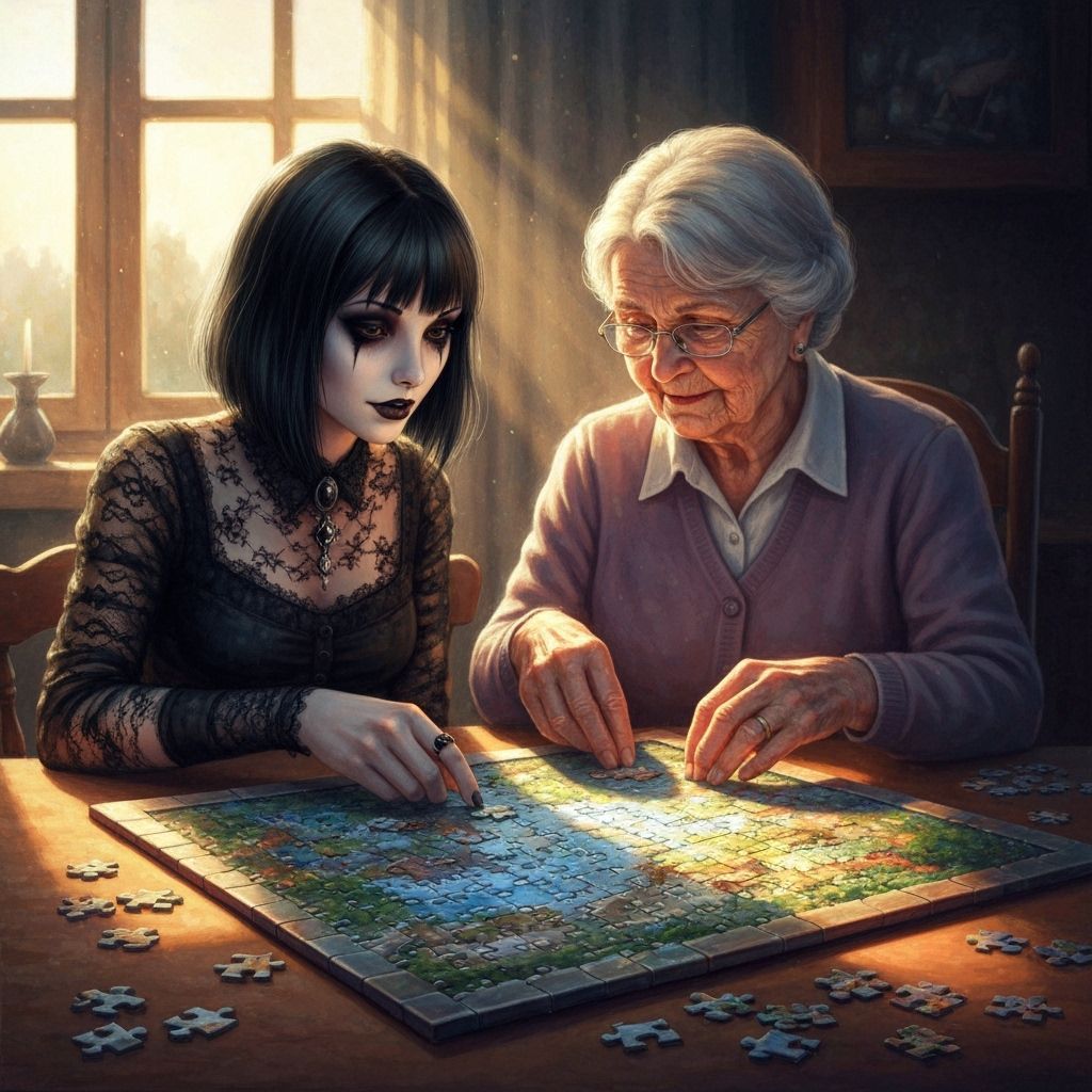 Goth Girl and Grandma Solve Jigsaw Puzzle in Watercolor