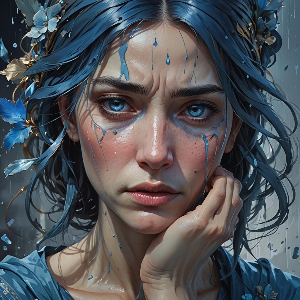 Sad Woman Crying Tears in Hyperdetailed Portrait
