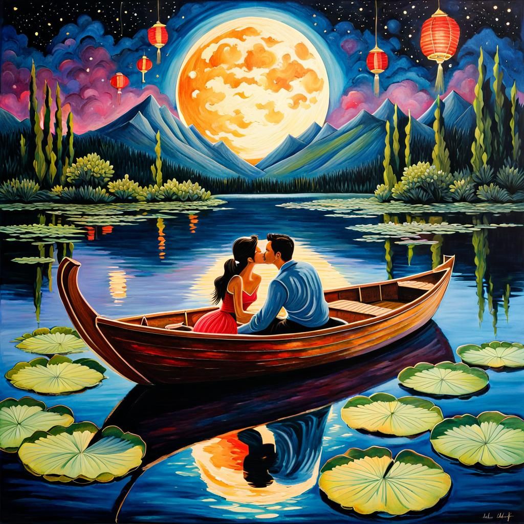 Romantic Kiss on a Lake at Night