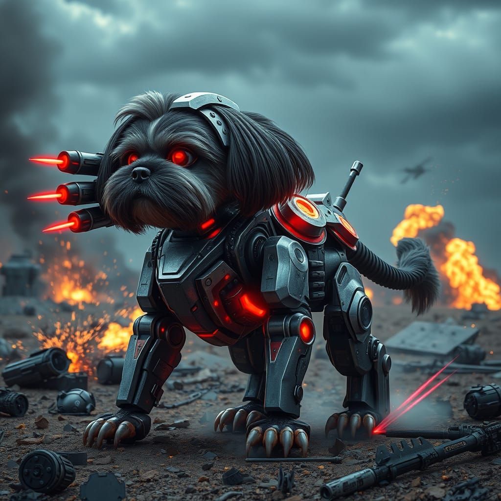 Futuristic Shih Tzu Mech in Sci-Fi Battlefield