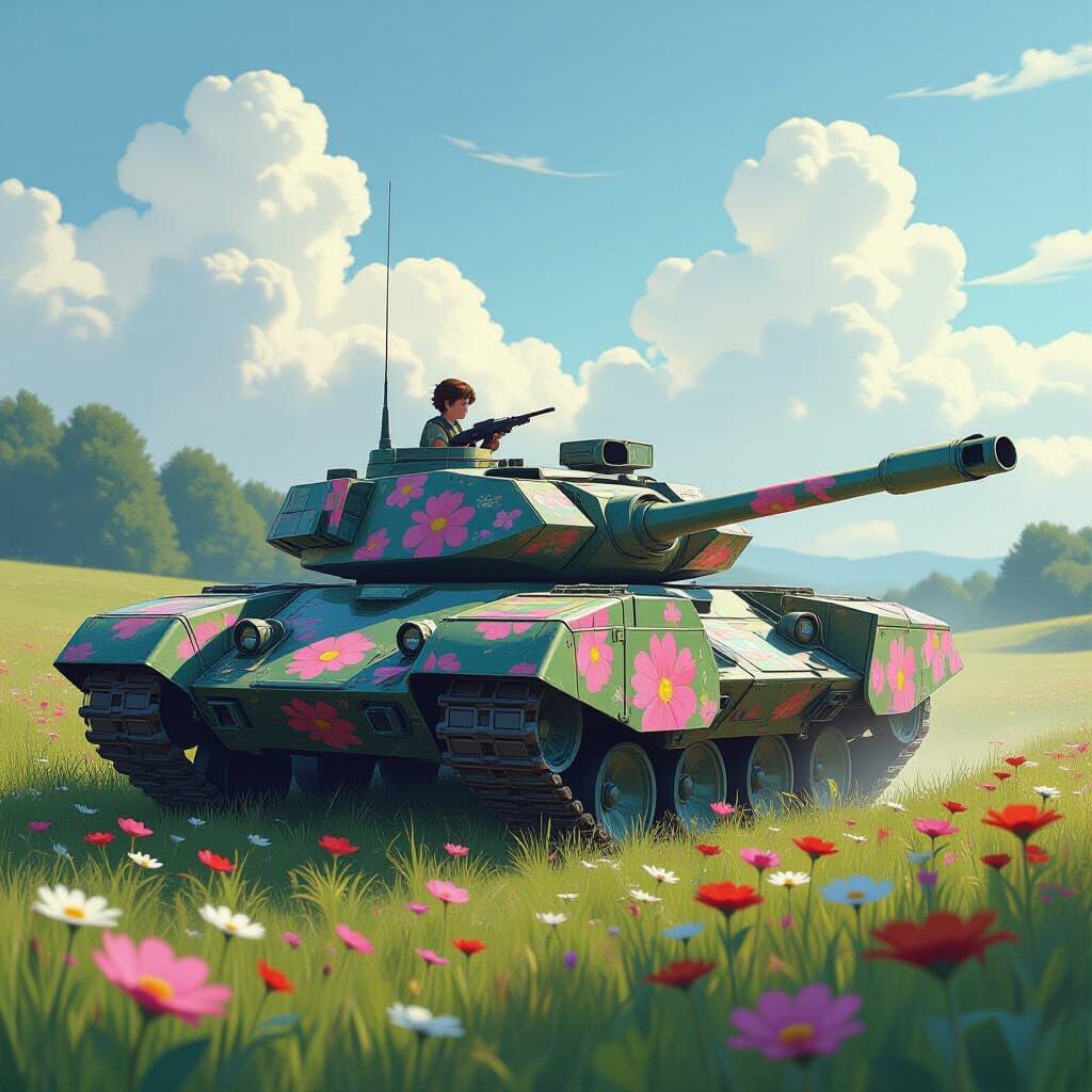 Floral Camo Tank Patrols Sunny Meadow in Dreamlike Futurism