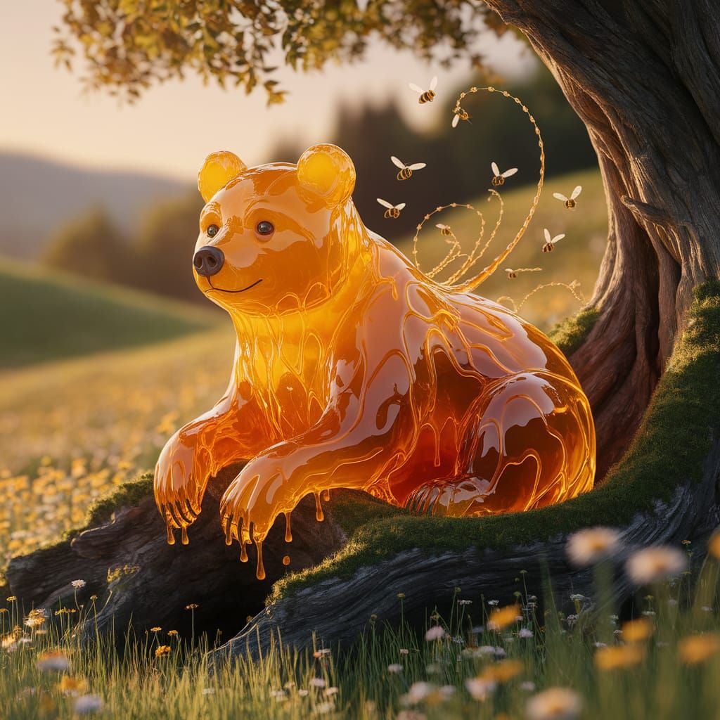 Golden Honey Bear in Sunlit Meadow