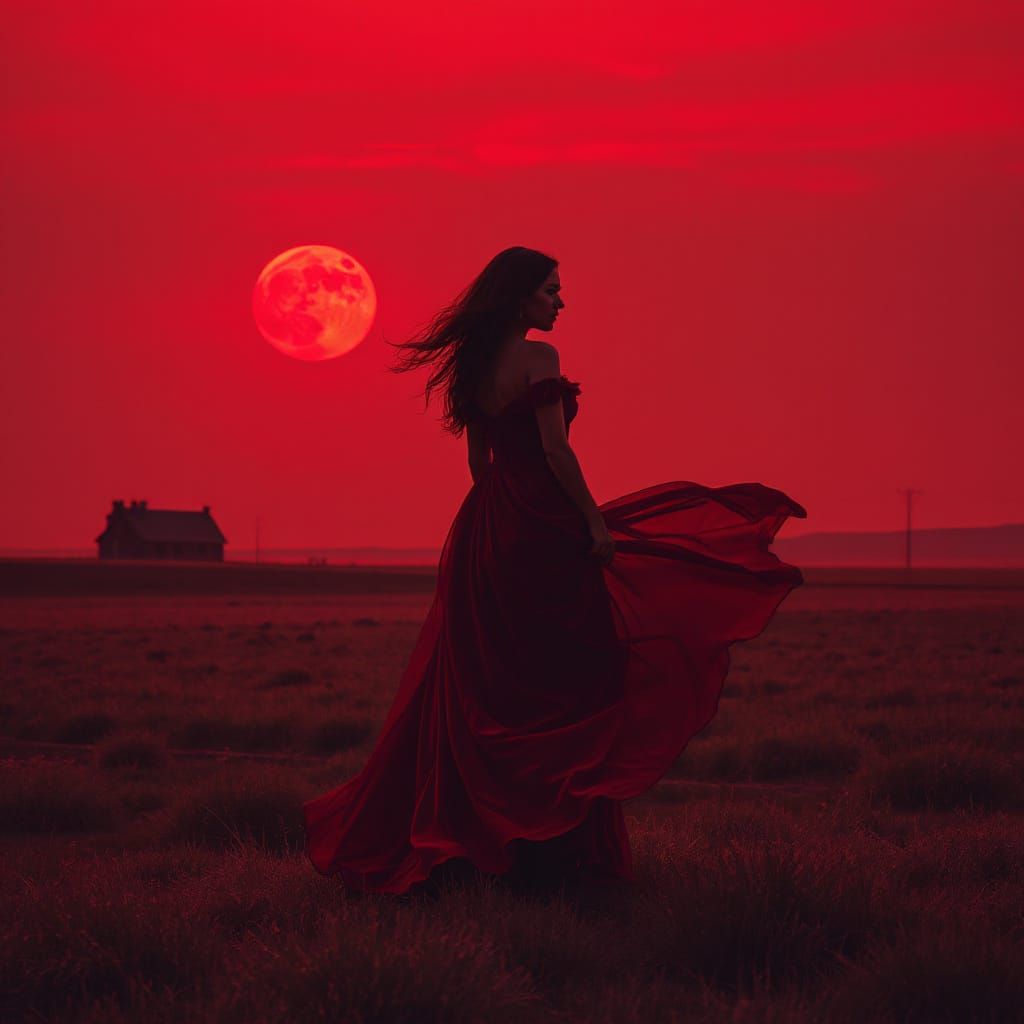 Ethereal Woman in Red Gown Under Crimson Moon