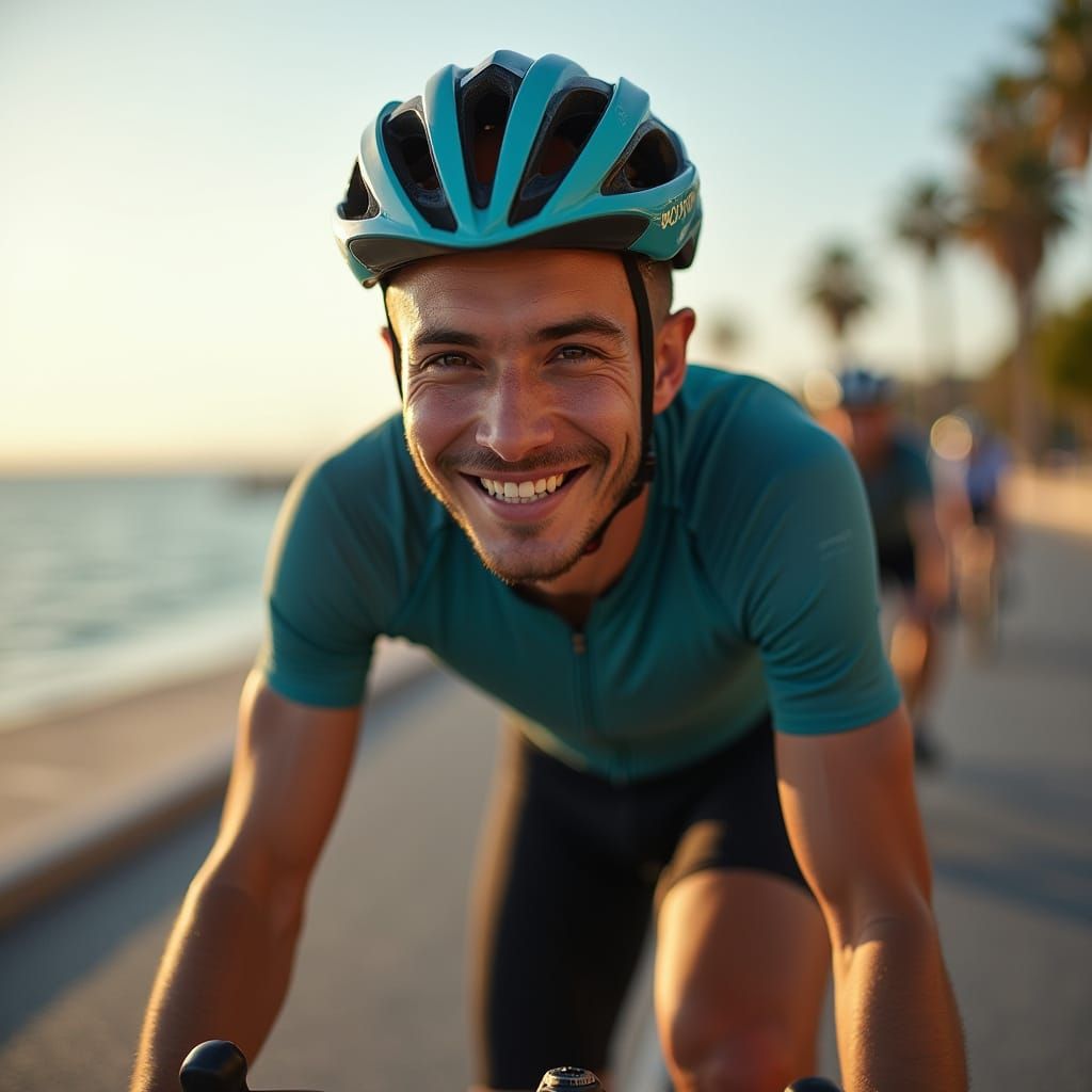 Cyclists Relax After Barcelona Beach Ride in Golden Hour Lig...