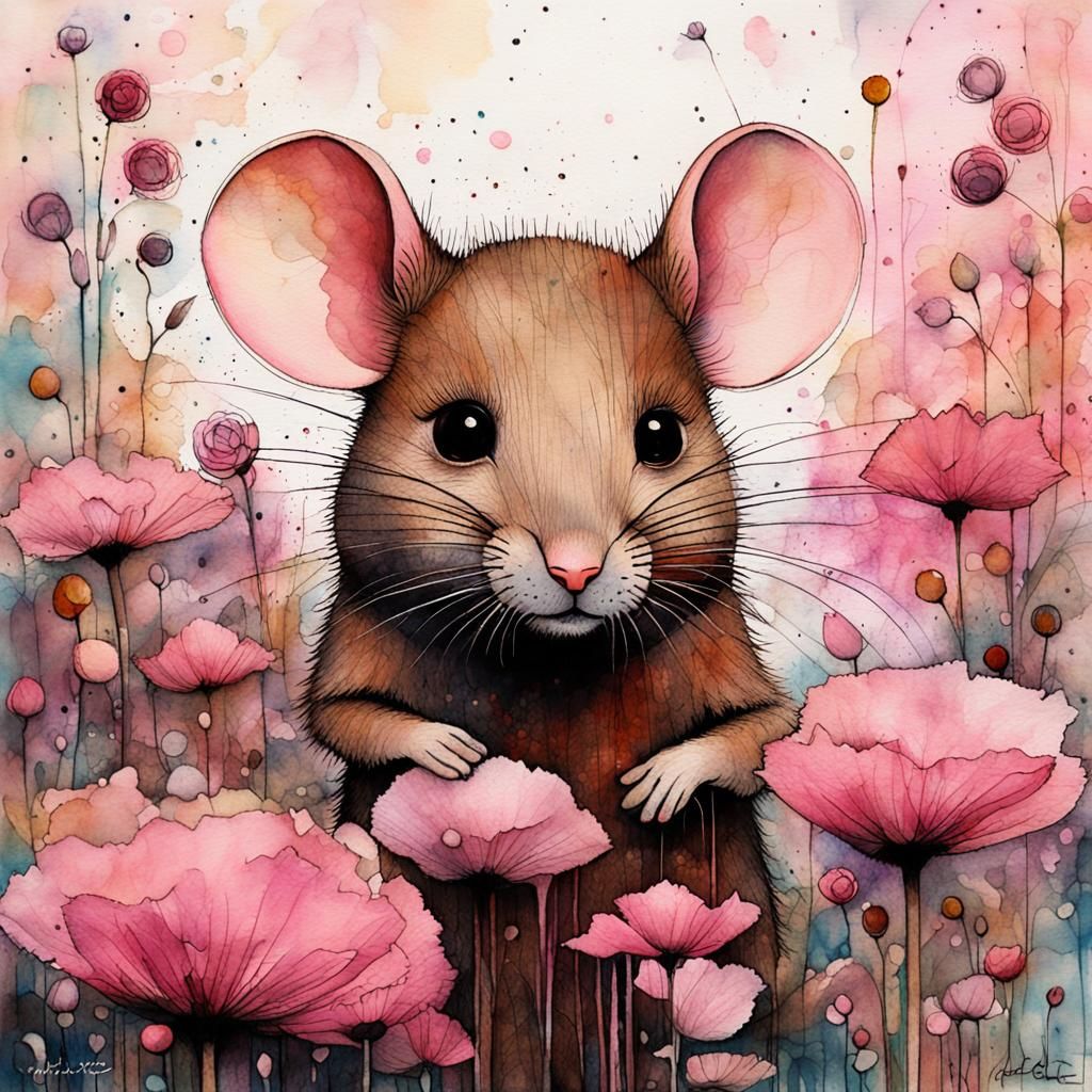 Chibi Brown Mouse Portrait in Flower Garden