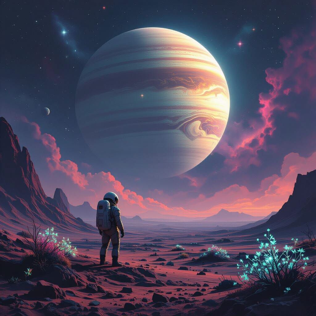 Astronaut Gazes at Alien Planet & Ringed Gas Giant