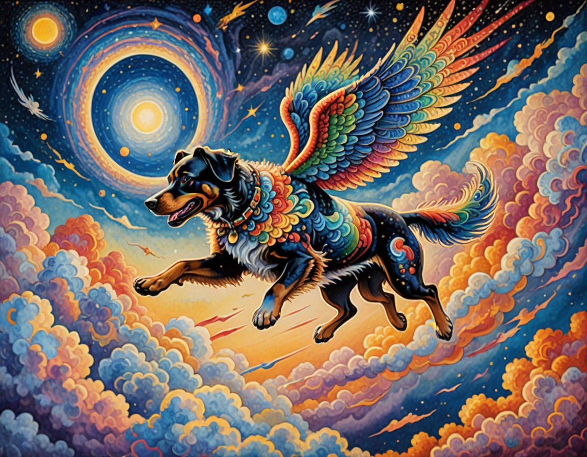 Dog Soars Through Sky in Vibrant Pointillist Fantasy