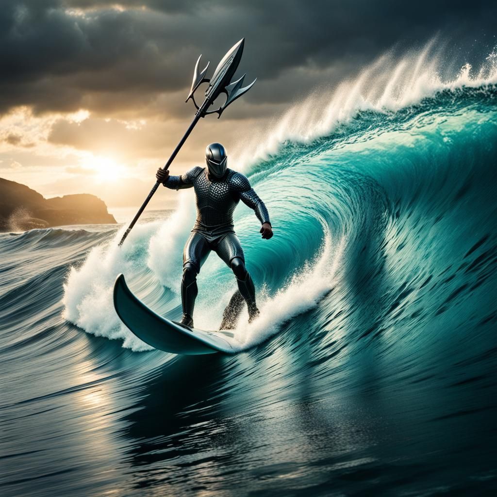 Aquatic Hero Rides Wave with Trident