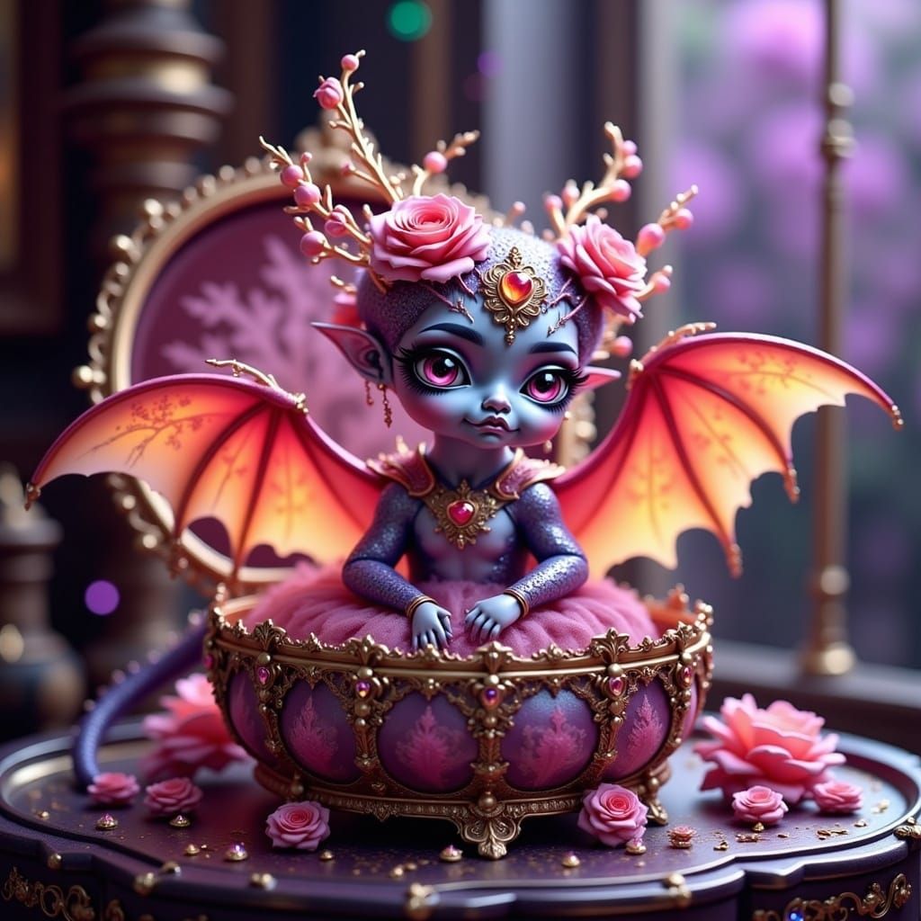 Adorable Baby Dragon in Jewelry Box, Dreamlike Art