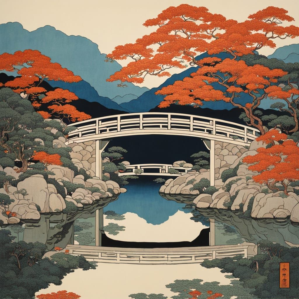 Ornate Stone Bridge in Ukiyo-e Style with Klimt Influence