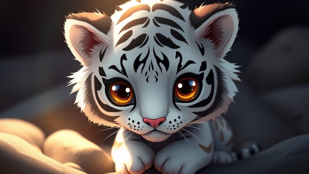 Chibi White Tiger with Captivating Expression in Soft Golden...