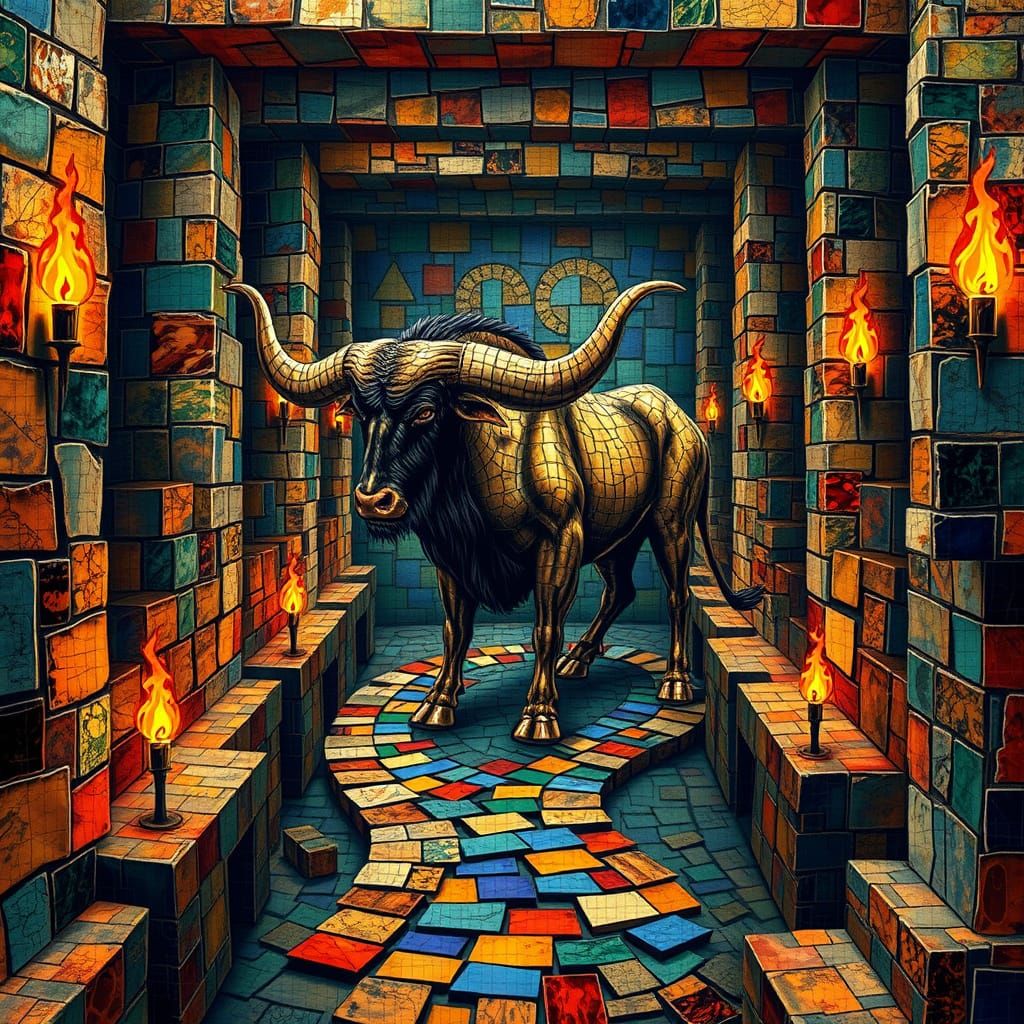 Majestic Minotaurus in Ancient Labyrinth Mosaic