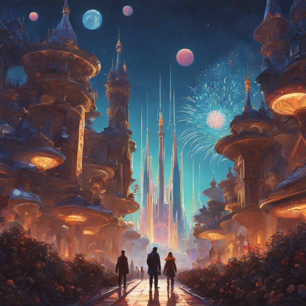 Dreamlike Cityscape Unfolds Under Vibrant Fireworks