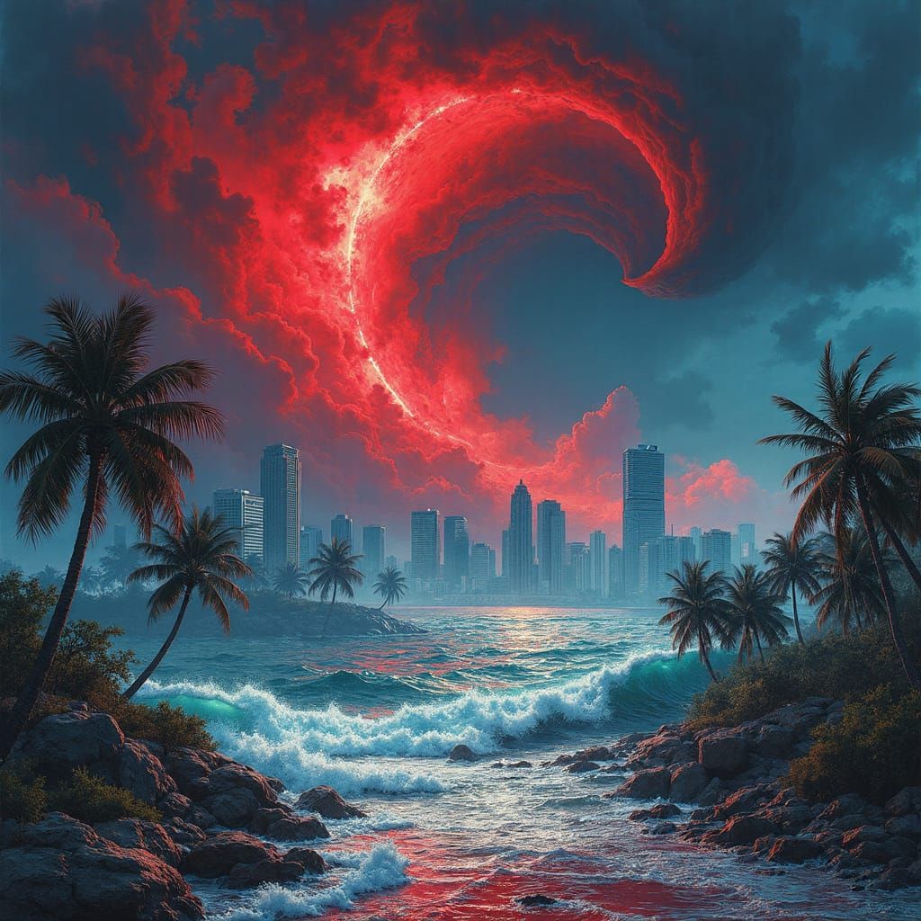 Blood Tsunami Devastates Miami in Dark, Surreal Art