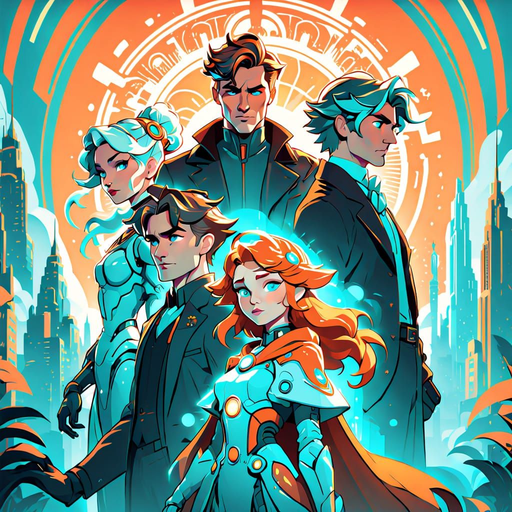 Vibrant Futuristic Trio in Dynamic Cityscape