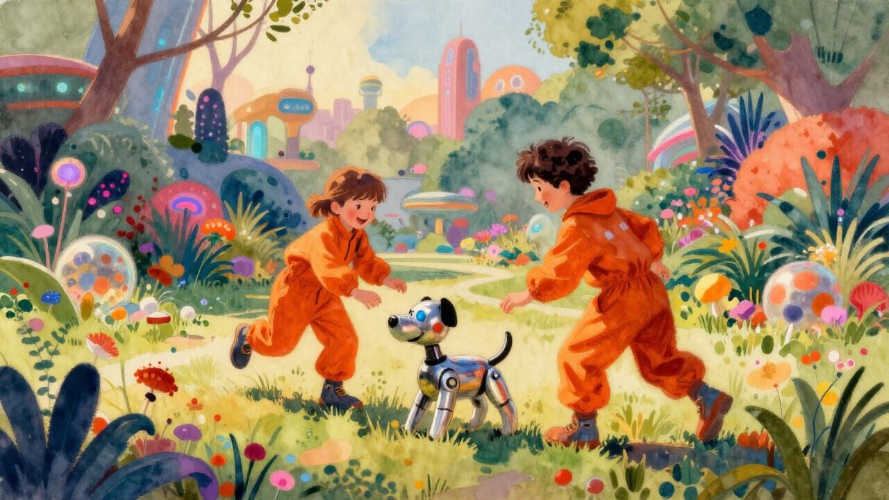 Children Play With Robot Dog in Retro Futuristic Park
