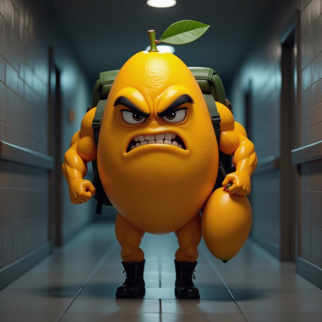 Muscular Anthropomorphic Mango with Backpack in Dark Hallway