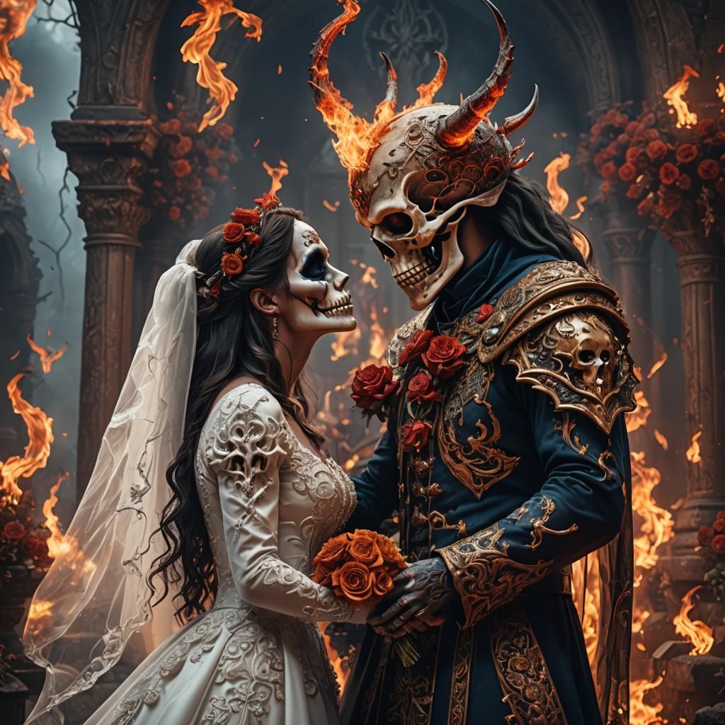 Burning Skull Ghost Couple Wedding Kiss