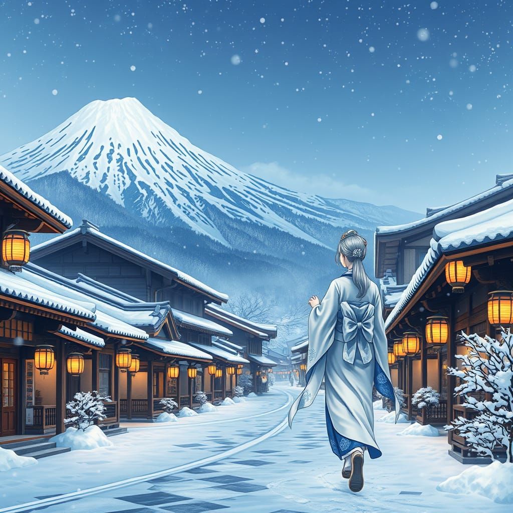 Ethereal Japanese Village in Snowy Landscape
