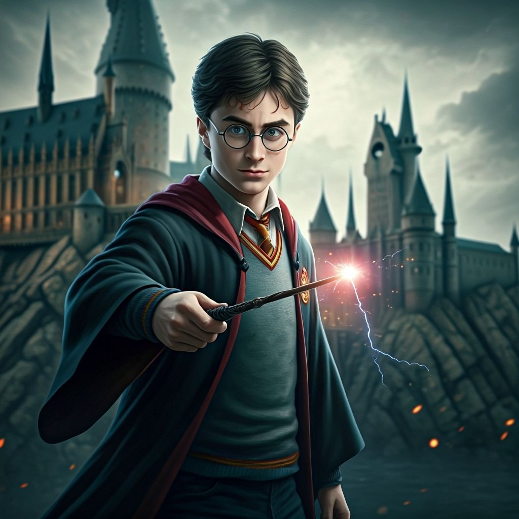 Harry Potter in Hogwarts Castle with Glowing Wand