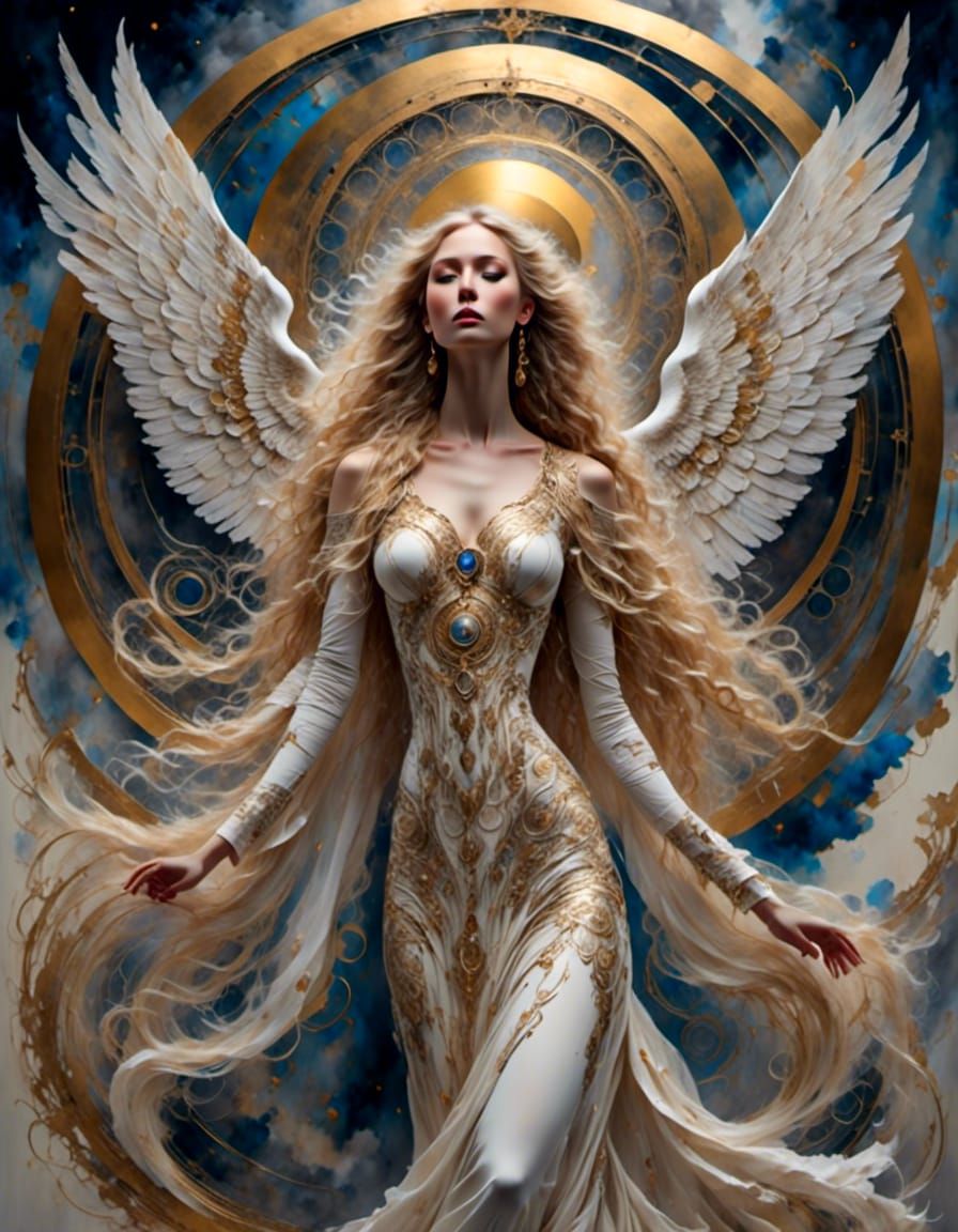 Angelic Woman with Golden Portal in Watercolor Inks