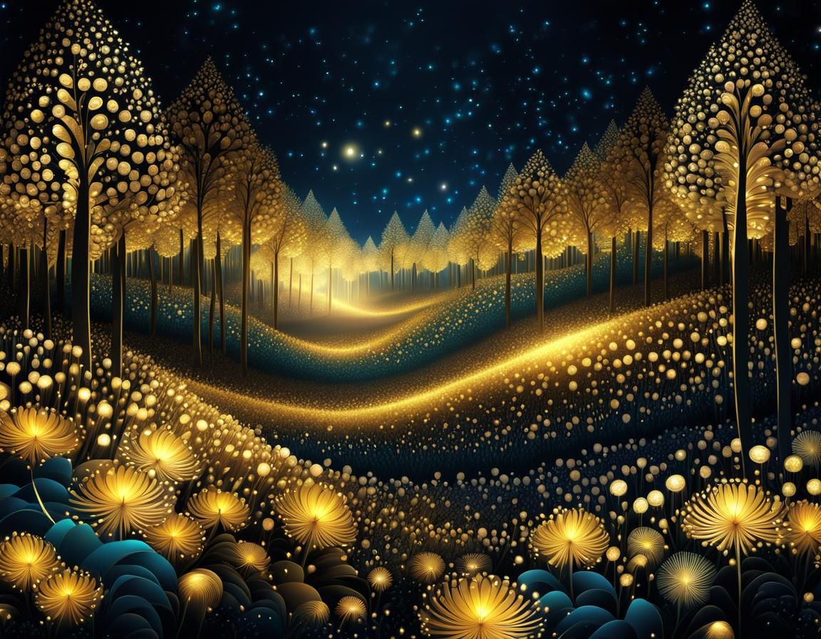 Magical Sparkling Flowers Bloom in Night Forest
