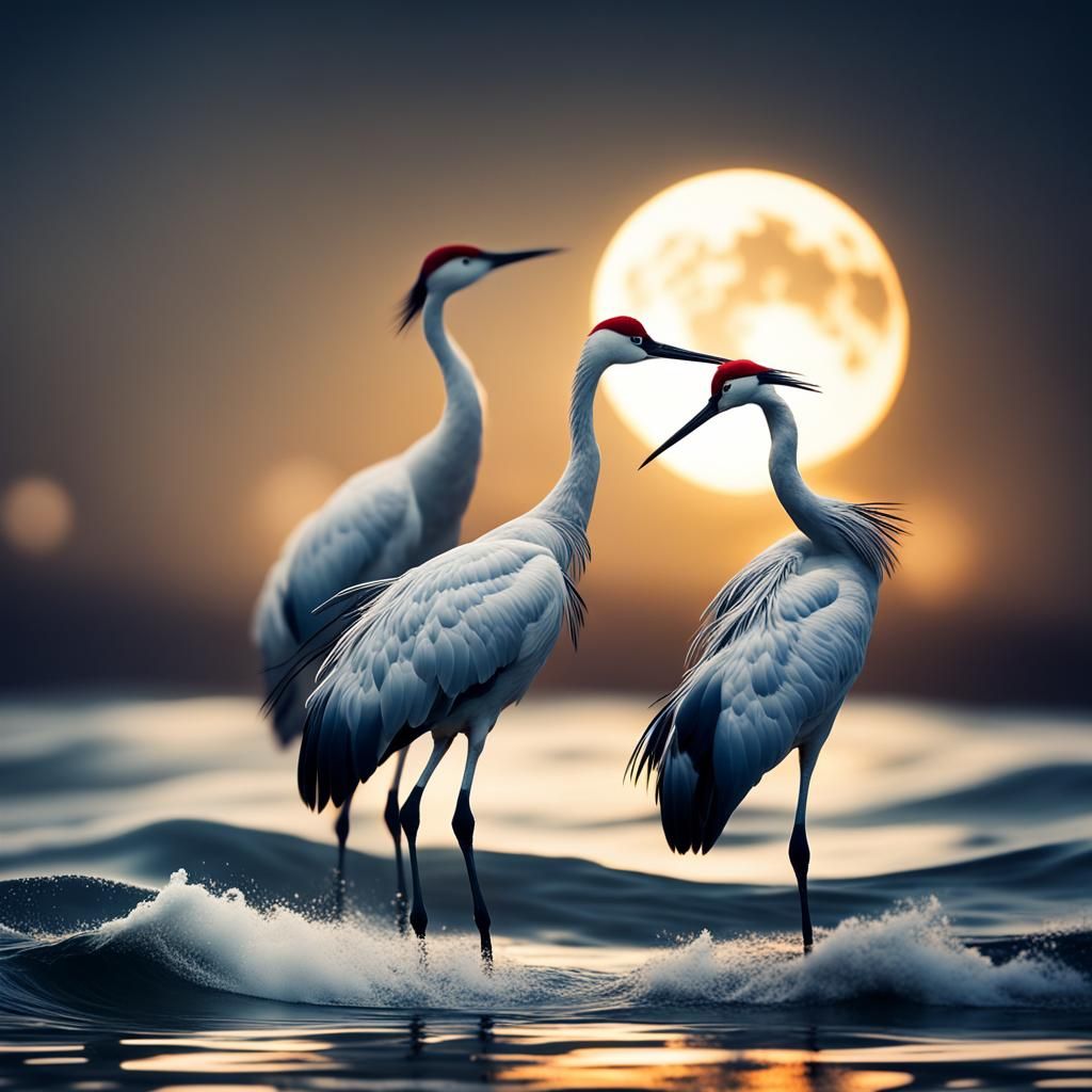 Elegant Cranes Dancing on Moonlit Waves