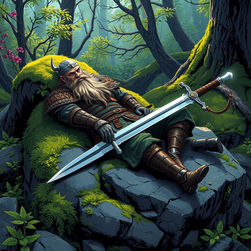 Viking Warrior Basks in Spring Northern Wilderness Pixel Art
