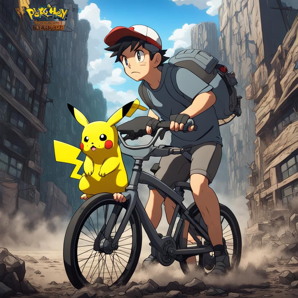 Ash and Pokemon Bike Ride: Detailed Fantasy Art