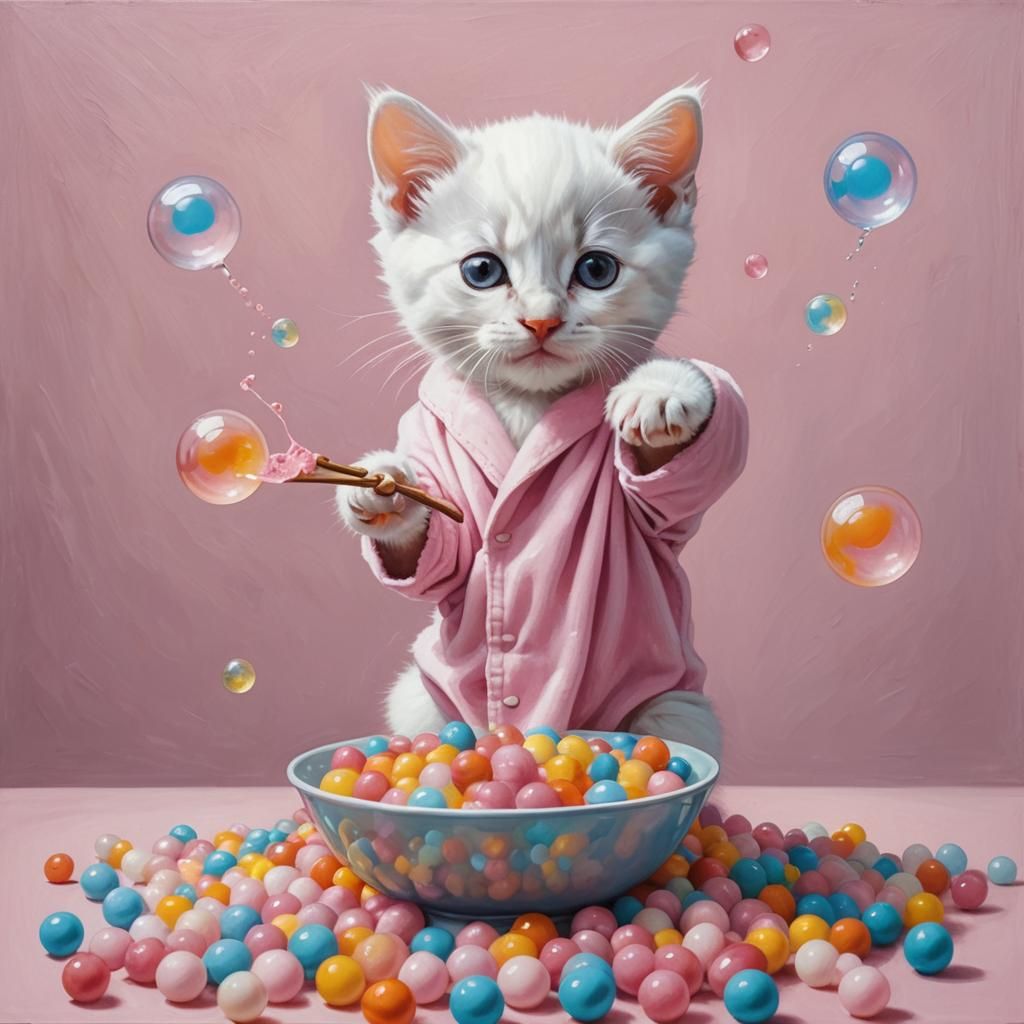 Surreal Kitten in Bubble with Candy Balls