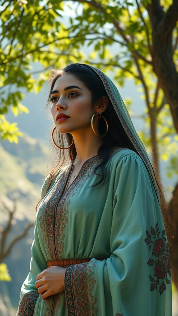 Iranian Woman in Persian Dress under Green Canopy