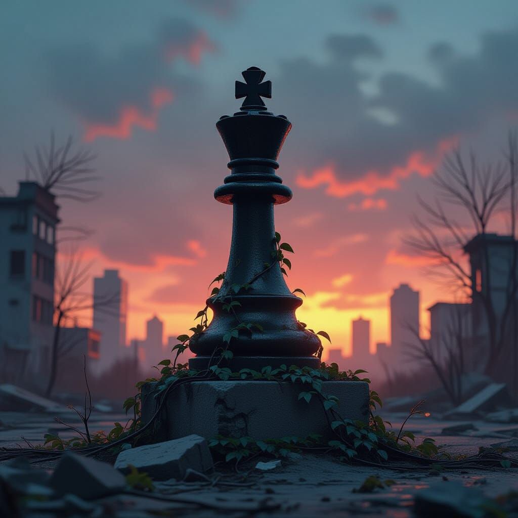 Solitary Chess King in Overgrown Post-Apocalyptic City