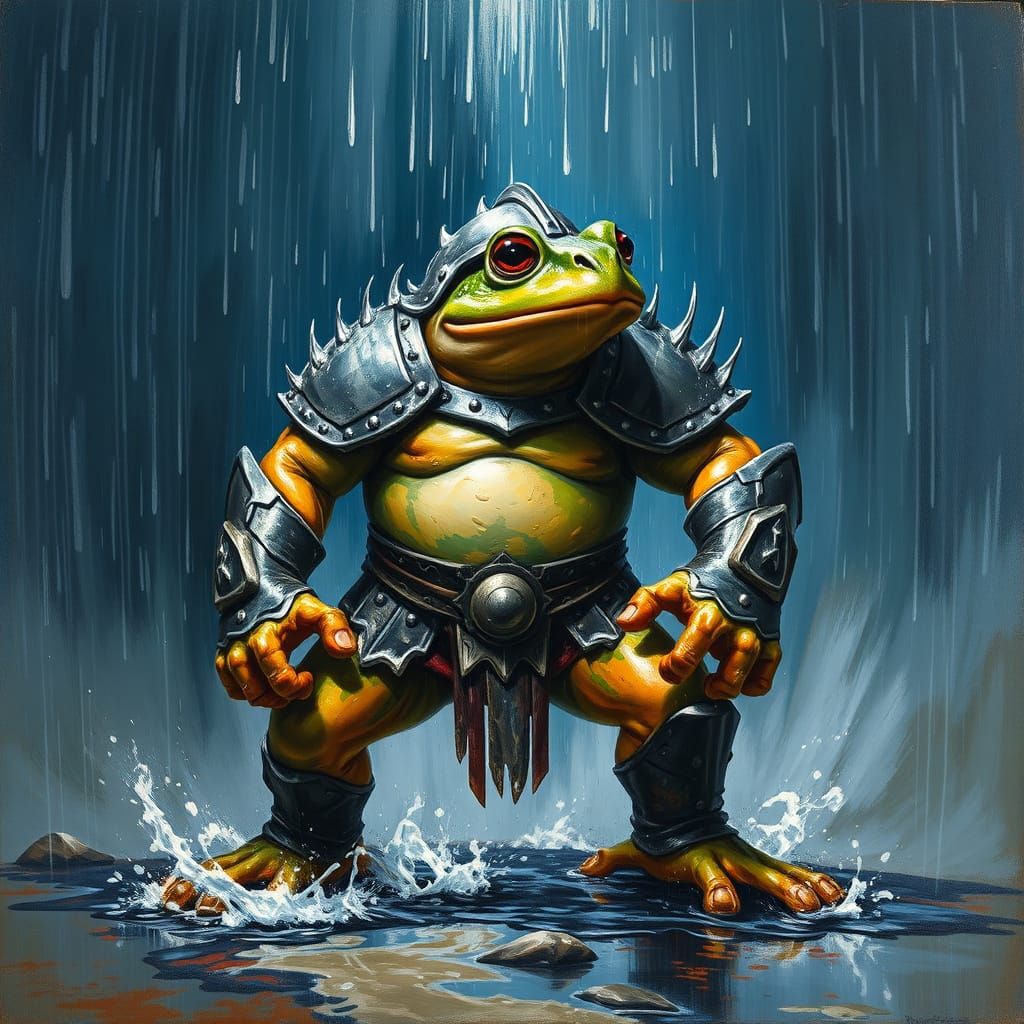 Frog Warrior in Turbulent Stormy Skies